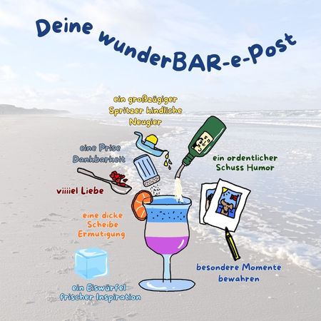 Illustration eines WunderBAR-Cocktails am Strand als Einladung zur wunderBAR-e-Post mit kreativen Impulsen, Humor und Inspiration.