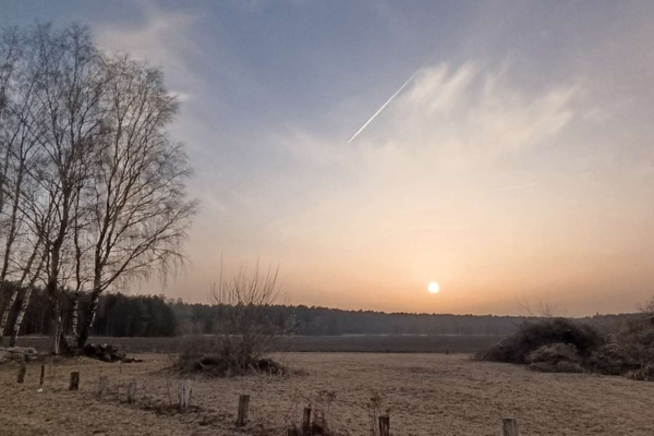 Abendlicht über Feldern und Wald unter weitem Himmel am Osterfeuerplatz unseres Dorfes – Symbol für Ruhe, Weite und inneres Ankommen.