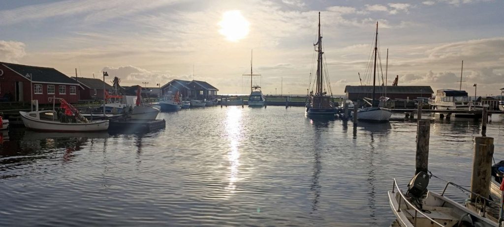 Blick über den Hafen von Ringkøbing in Dänemark mit Booten, Stegen und Abendlicht