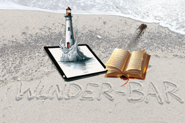Wunder-B.A.R. Logo mit Leuchtturm, Buch und Feder am Strand – Symbol für KreativCoach, kreative Auszeiten, Journaling und Selbstreflexion.