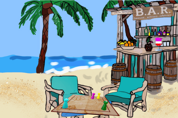 Sketchnote der Wunder-B.A.R. als Strandbar mit zwei einladenden türkisfarbenen Sesseln und einem kleinen Tisch aus Strandgut mit einem Systembrett - Sinnbild für Coaching als kraftvolle Pause bei Katja Schoonbergen.