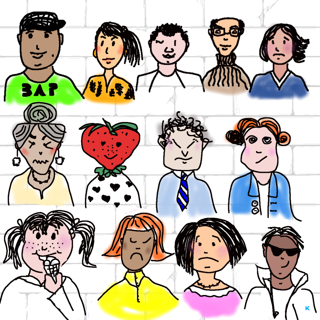 Sketch mehrerer mufflig dreinblickender Figuren – humorvolle Darstellung innerer Anteile und emotionaler Reaktionen