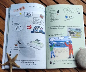 Ausgefüllte Seite aus dem Dänemark-Reisetagebuch mit persönlichen Notizen, Sketchnotes, Erinnerungen und Reflexionen aus einem Urlaub in Dänemark.