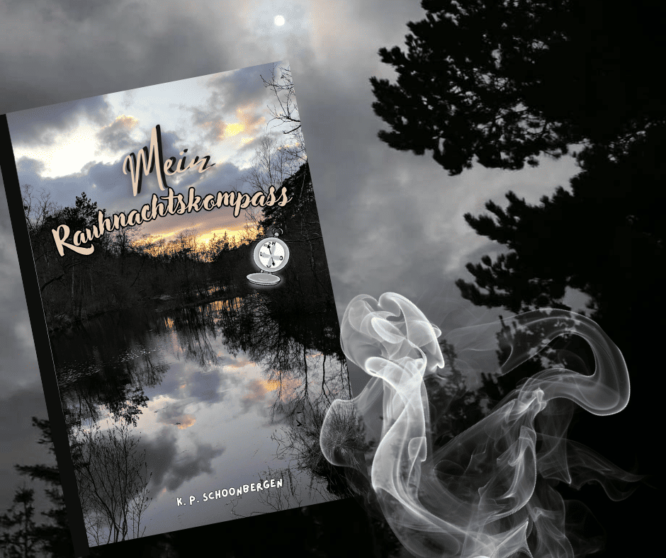 Buch „Mein Rauhnachtskompass“ vor Vollmond-Hintergrund und Rauchschwaden
