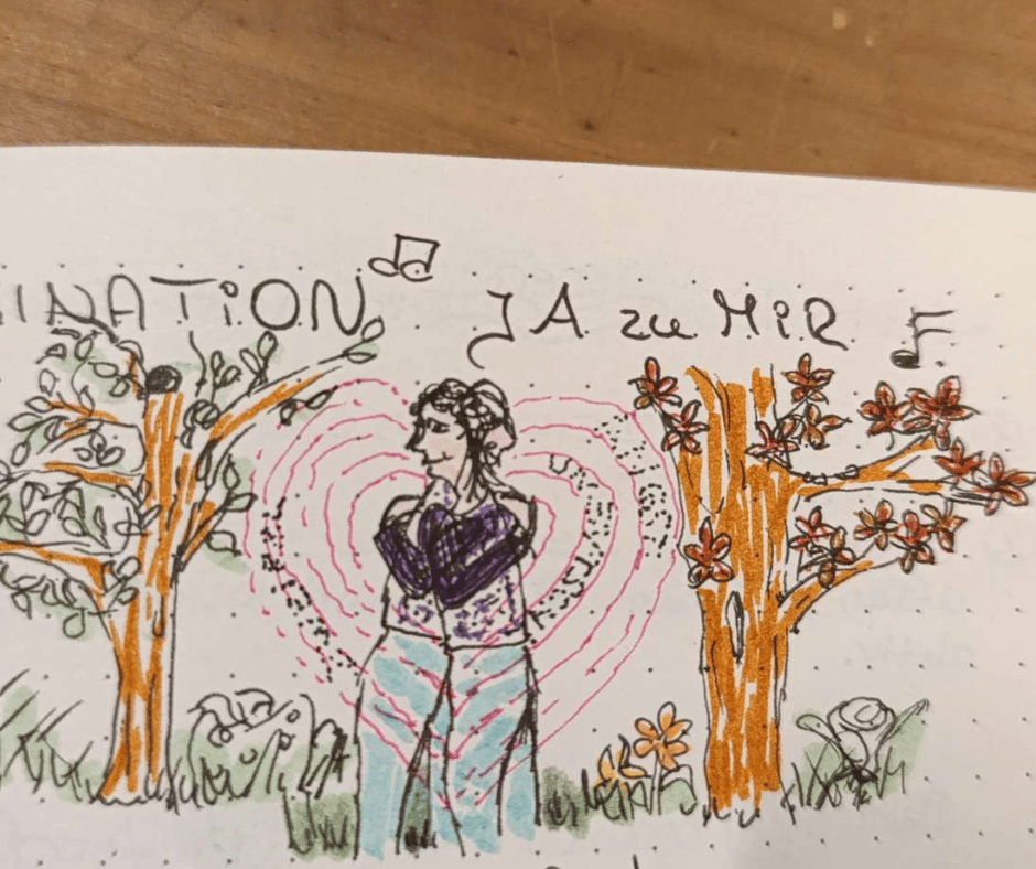 Sketchnote anläßlich einer Imaginationsreise, bei der das alte Ich das neue Ich trifft. JA zu MIR. 