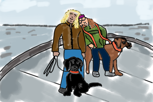 Digitale Sketchnote von Menschen und Hunden beim gemeinsamen Unterwegssein, Nähe und Resonanz im Alltag.
