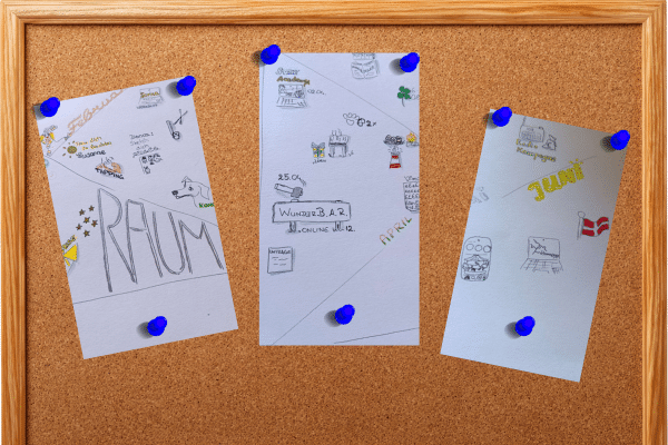 Sketchnotes eines Jahresrückblicks 2025 auf einer Pinnwand – sichtbar gemachte Entwicklung, Momente und innere Prozesse.