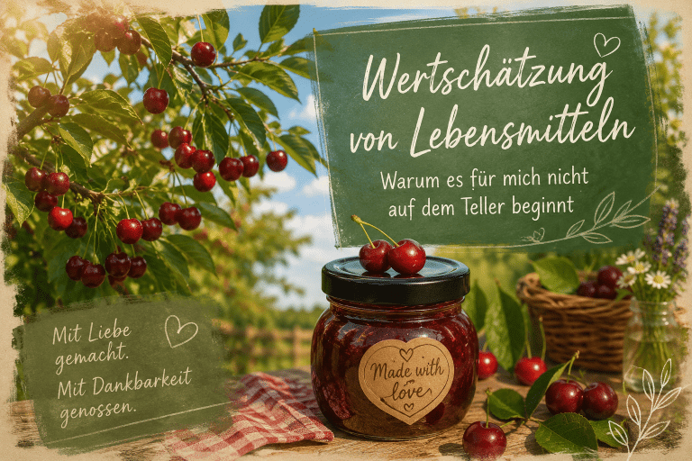 Selbstgemachte Kirschmarmelade vor einem Kirschbaum mit reifen Kirschen. Das Bild steht für Wertschätzung von Lebensmitteln, Dankbarkeit und bewussten Genuss.