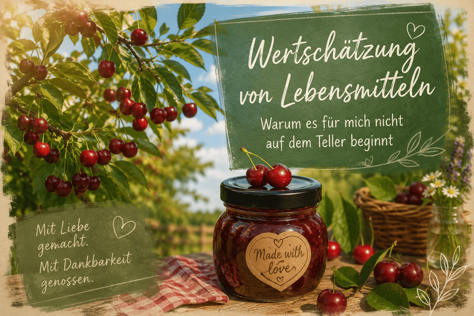 Selbstgemachte Kirschmarmelade vor einem Kirschbaum mit reifen Kirschen. Das Bild steht für Wertschätzung von Lebensmitteln, Dankbarkeit und bewussten Genuss.