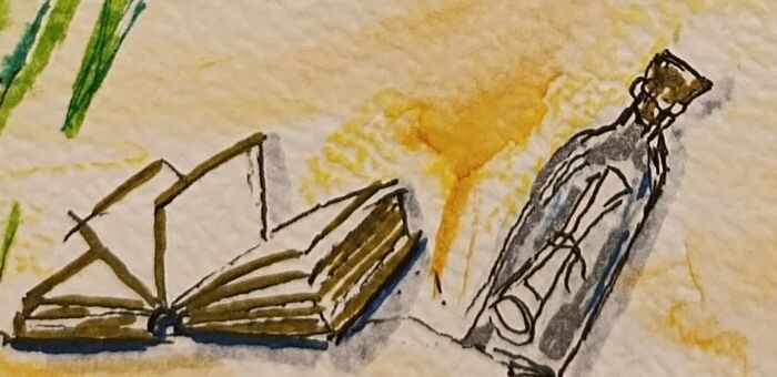 Sketchnote Buch und Flaschenpost im Sand