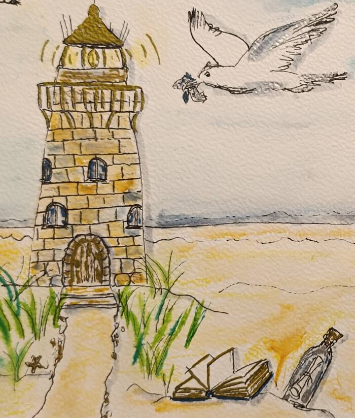 Sketchnote mit Leuchtturm, Möwe und Flaschenpost am Strand