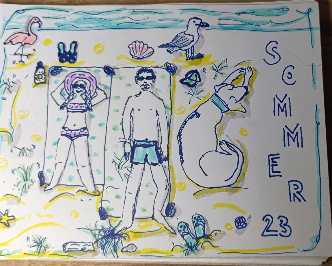 Sketchnote Sommerszene mit Frau, Mann und Hund am Strand