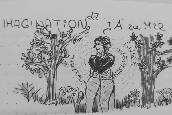 Handgezeichnete Sketchnote einer Frau, die sich zwischen Bäumen selbst umfasst; darüber steht „Imagination – Ja zu mir“.